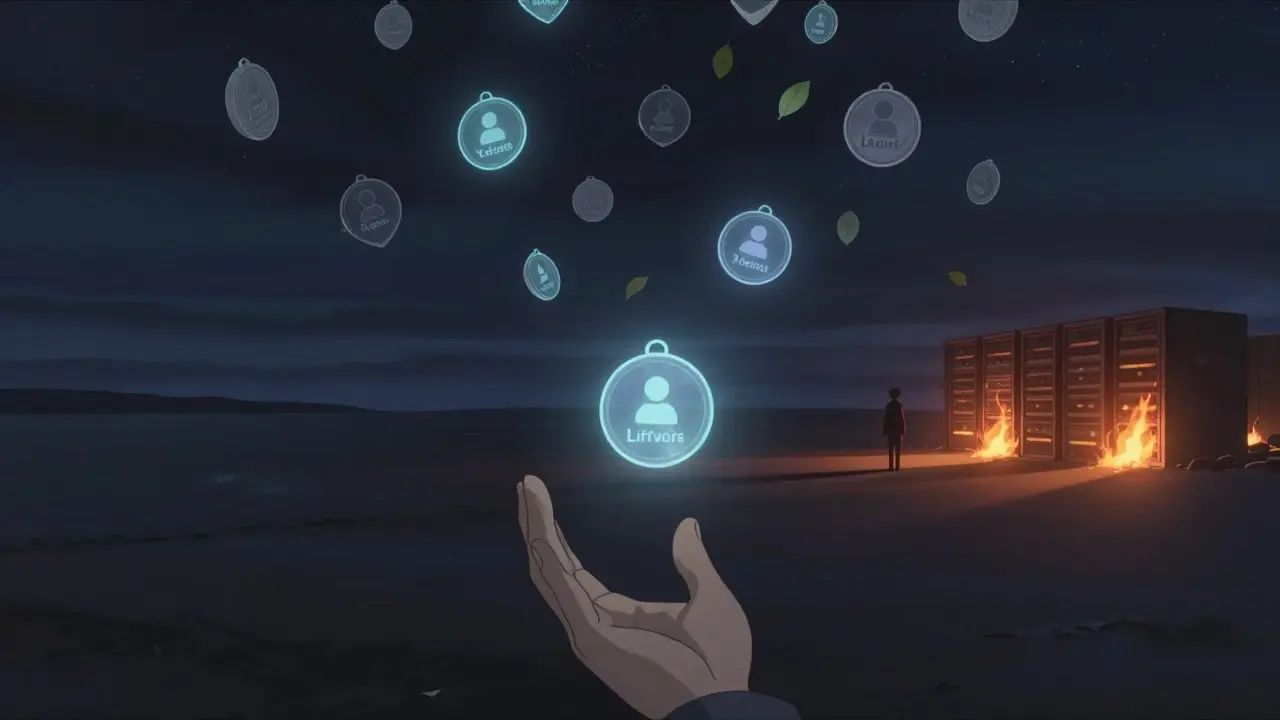 Thousands of fading social tokens drift like leaves in an empty digital arena, while a figure walks away from a burning server farm.