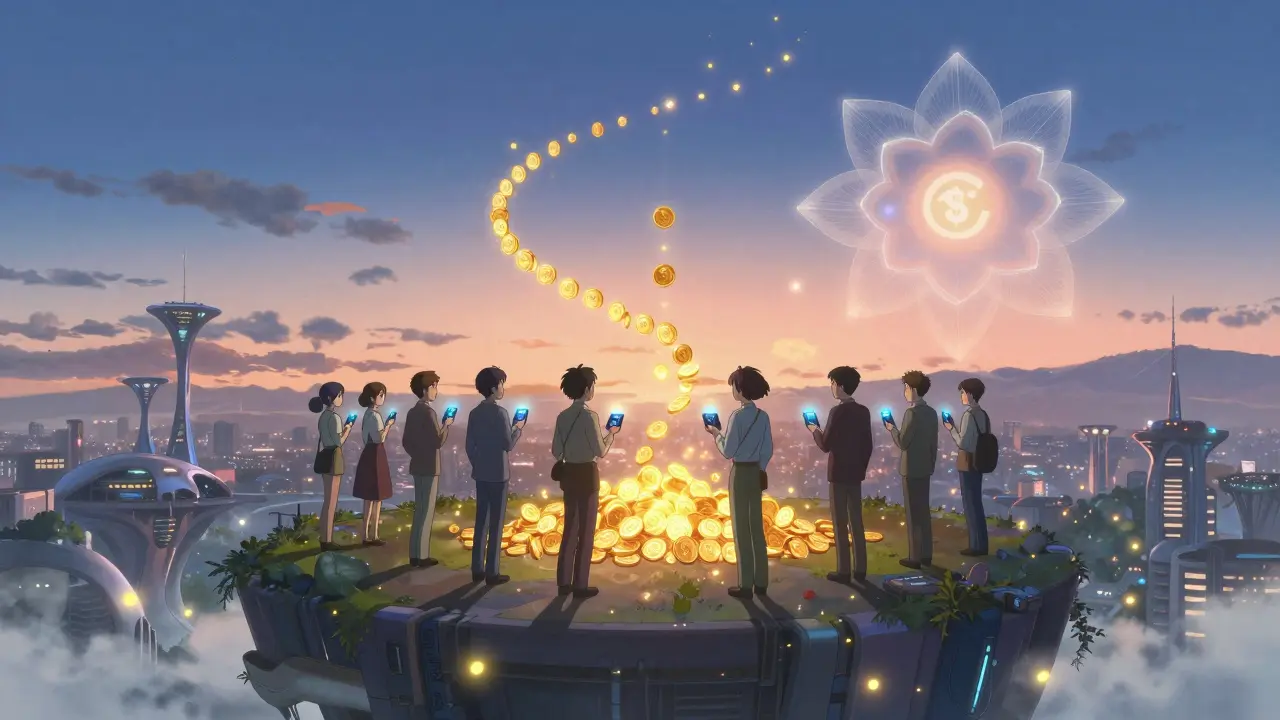 Traders gather at dawn on a blockchain tower as $SWTH tokens rise like fireflies, symbolizing staking rewards.