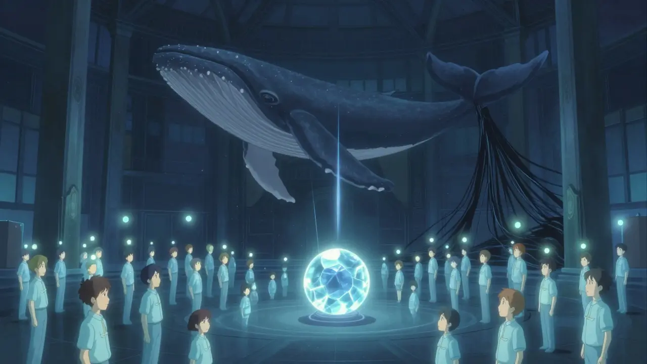 Translucent avatars casting votes into a central orb, with a dark whale-shaped shadow looming above.