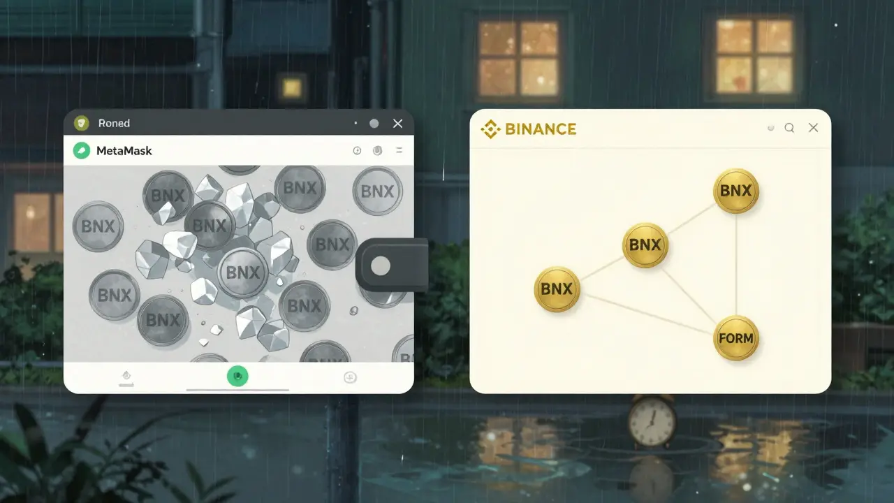 Two wallets side by side: one frozen with BNX, the other transforming into FORM under soft rain.
