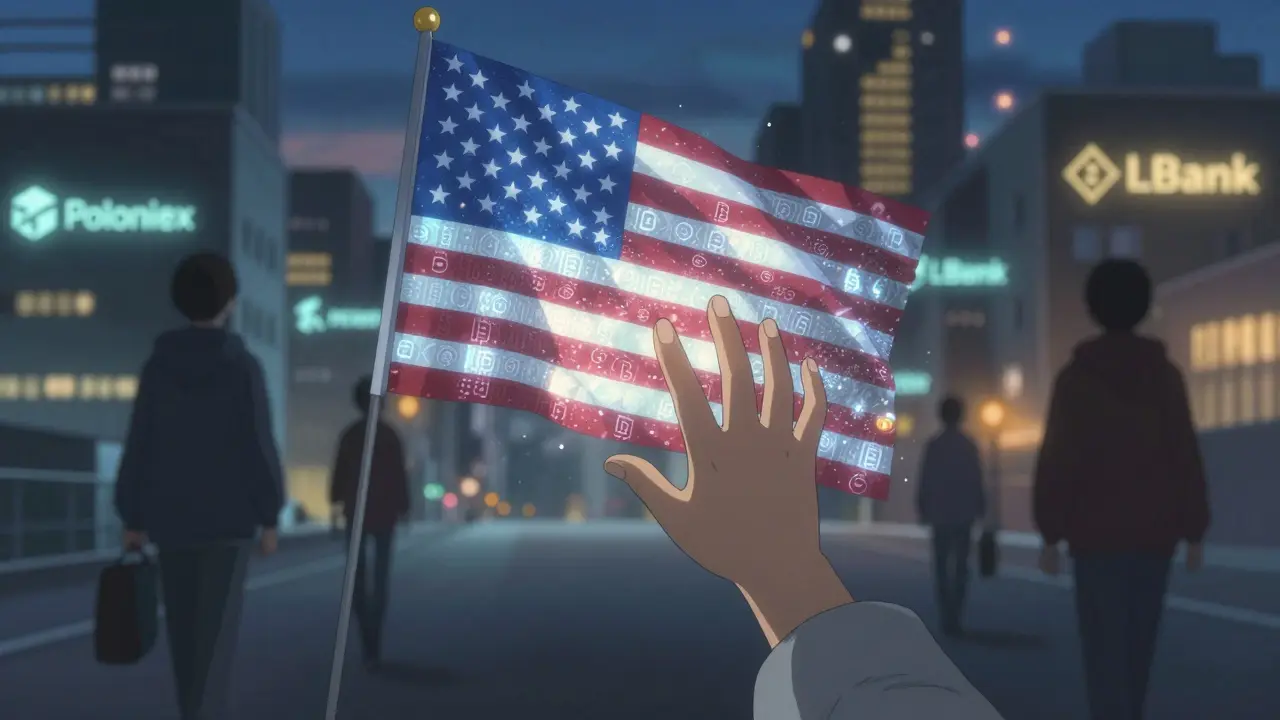 A child's hand reaches for a crumbling holographic American flag made of crypto symbols.
