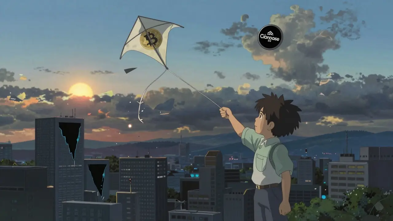A child flies a SISHI-shaped kite over a city of collapsing crypto charts, while a real airdrop glows peacefully in the distant sky.