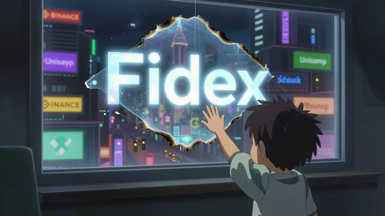 A child reaching for a fading Fidex hologram while vibrant, active crypto exchanges shine brightly through a window behind them.