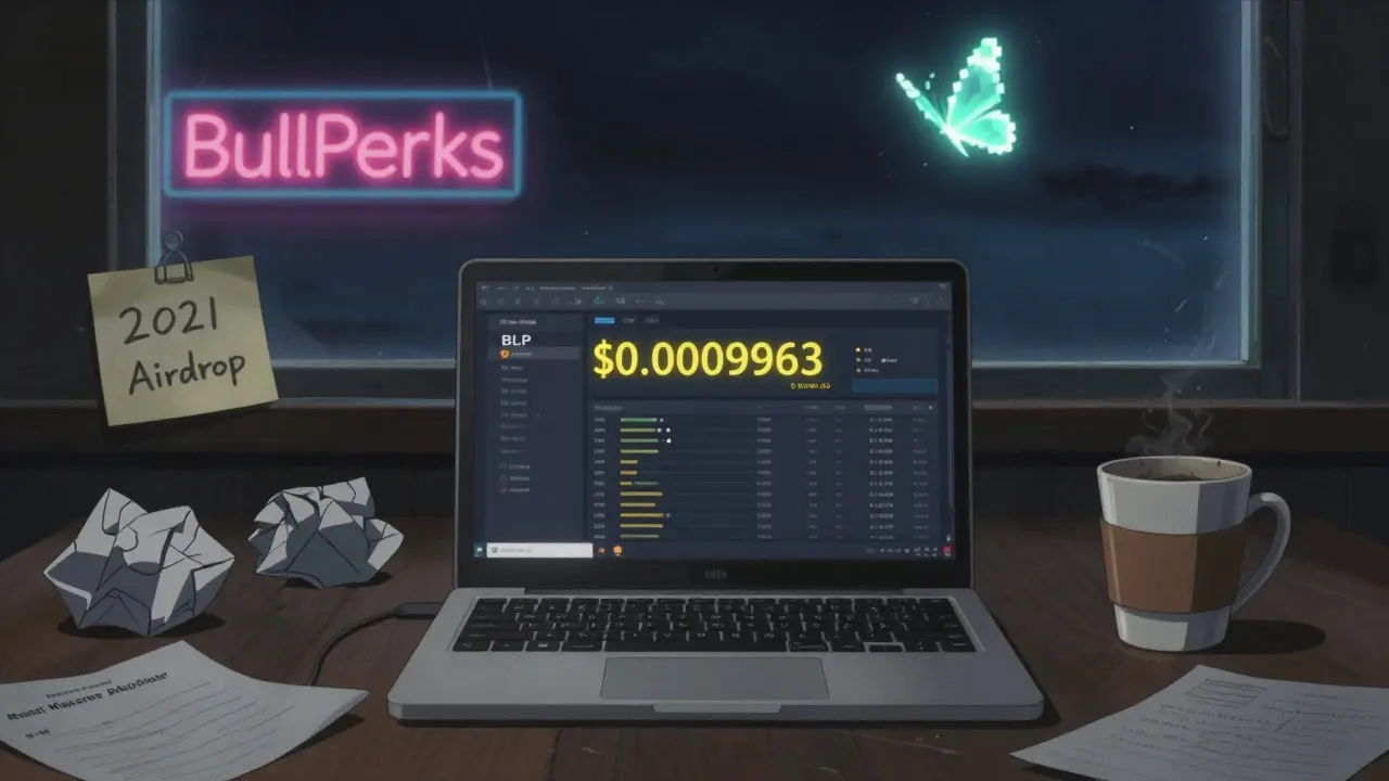 A desktop with a crypto dashboard showing near-zero BLP price, surrounded by relics of a 2021 airdrop.