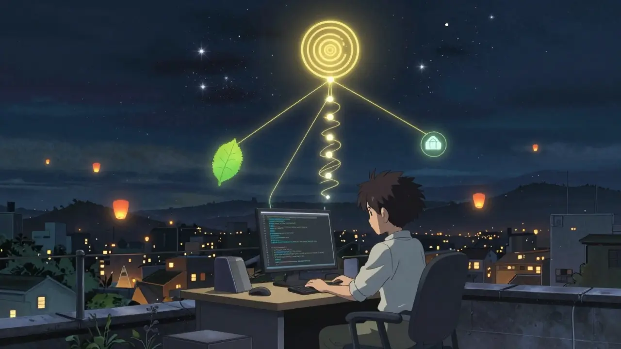 A developer at a rooftop desk, a Merkle Tree projection glowing above as stars twinkle behind.