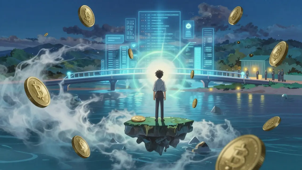 A figure on a floating platform above a chaotic DeFi ocean, with a glowing TRISA bridge leading to calm investors.