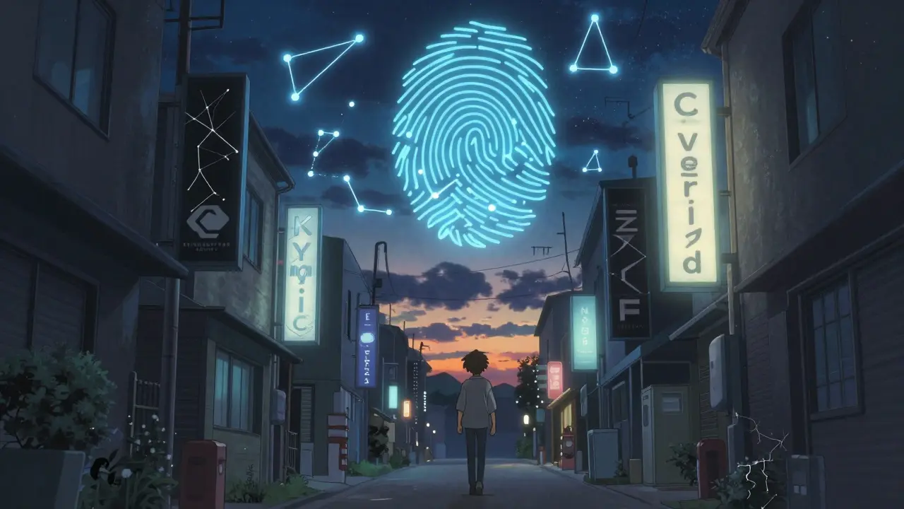 A figure walking through a neon alley as DeFi signs dim except one glowing 'KYC Verified' sign under a starry sky.