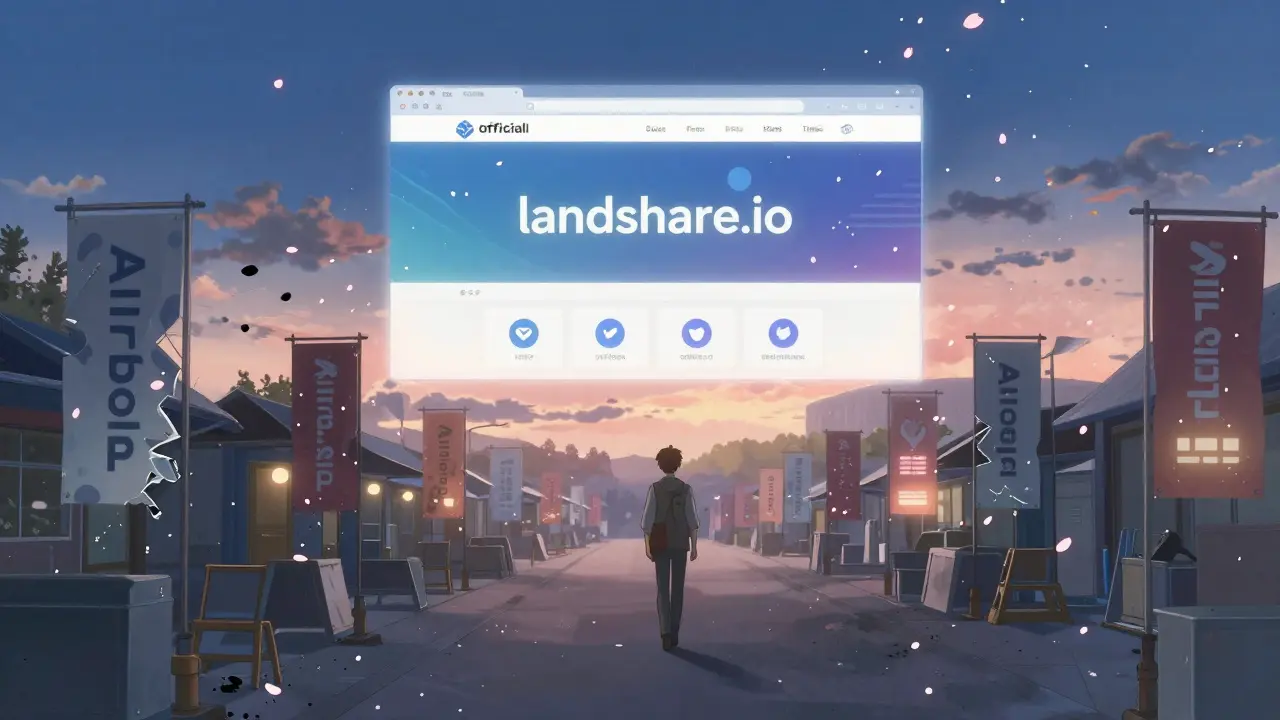 A figure walks past dissolving scam banners toward the official Landshare website at dawn.