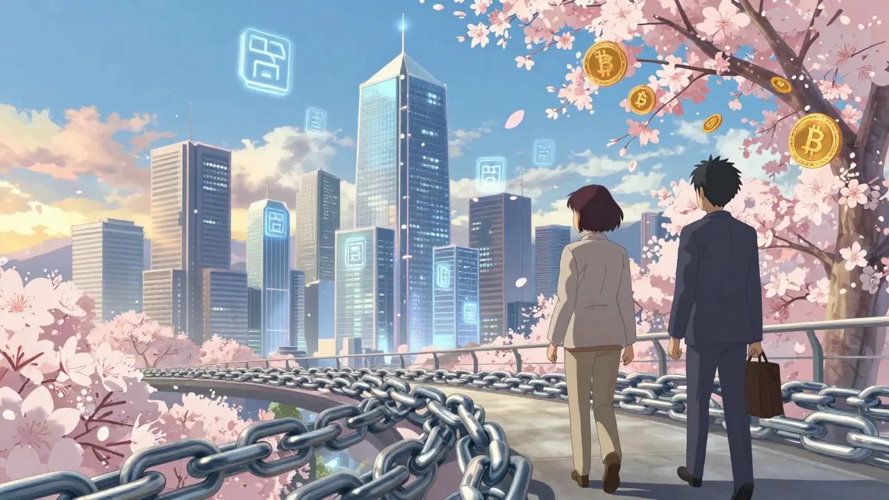 A futuristic city with floating blockchain symbols and traders on a bridge, where crypto derivatives bloom like cherry blossoms.