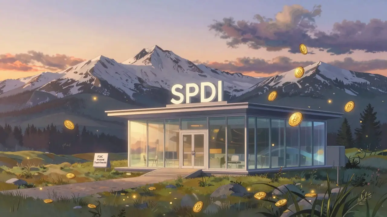 A futuristic crypto bank in Wyoming surrounded by firefly-like digital coins under a golden mountain sunset.
