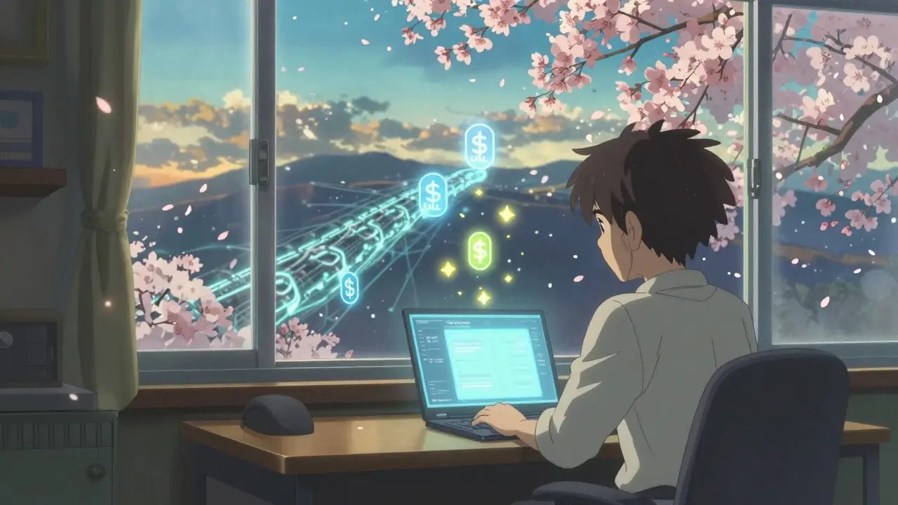 A gamer activates a Master Node at night, with floating ULL tokens and a glowing blockchain beneath a twilight window.