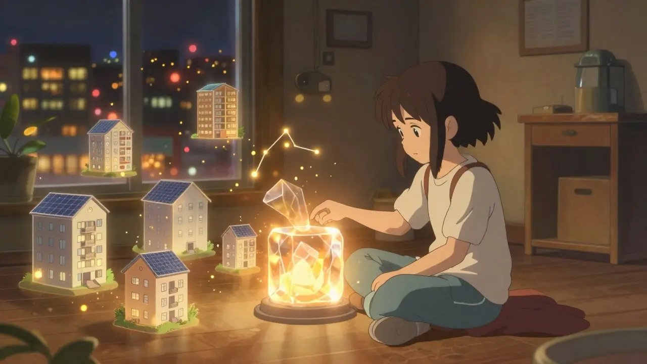 A girl stakes LAND tokens in a warm digital vault as property models drift like stars.