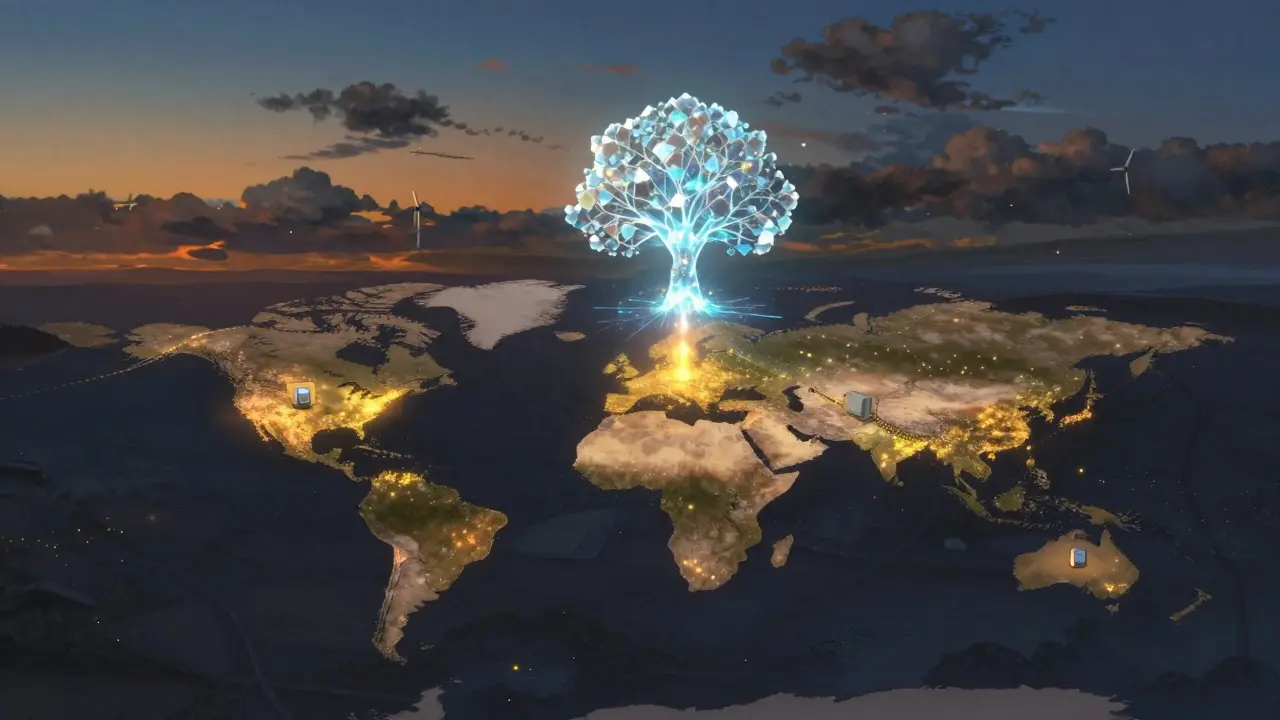 A global network of glowing nodes connecting to a crystalline AI core, with a PHY token traveling across data highways at twilight.