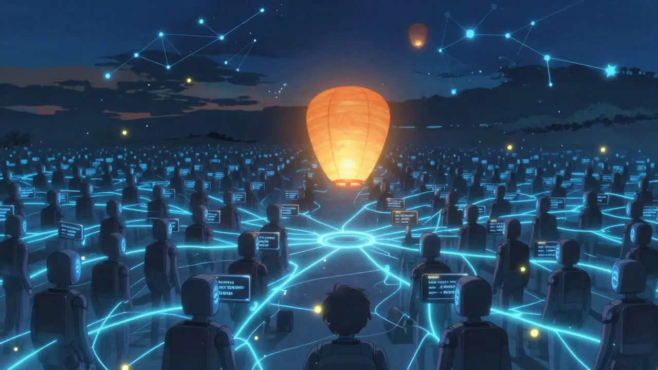 A glowing reputation lantern rises above dark bot accounts in a pulsing digital landscape of blockchain flows.