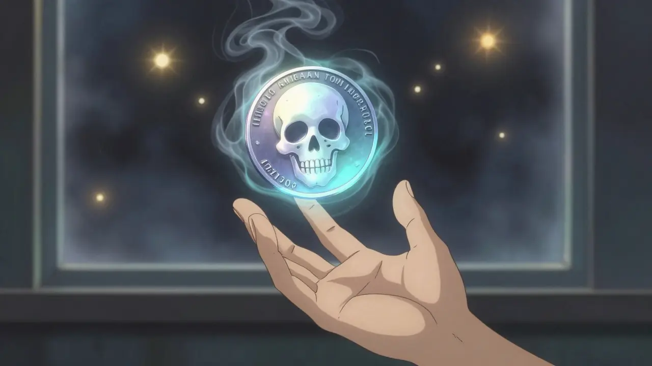 A hand reaching for a dissolving DMC token that turns into a skull, real projects glowing in distance.