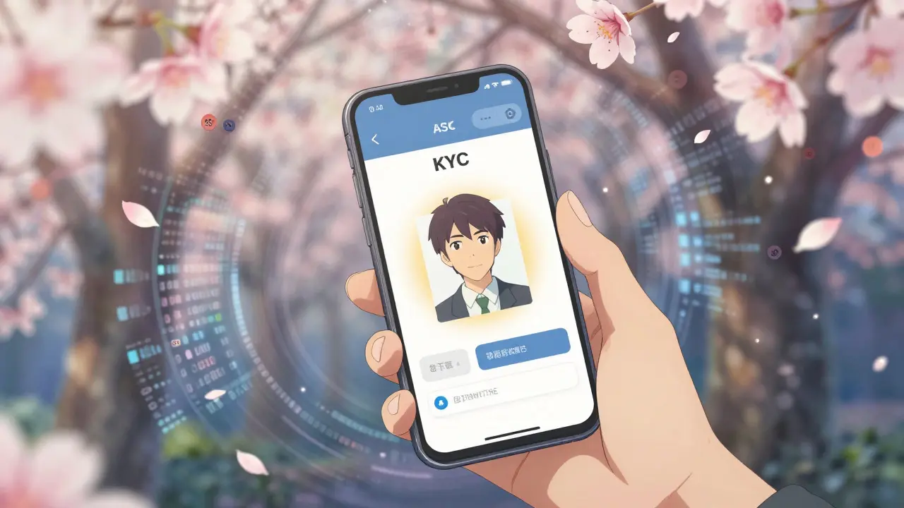 A hand verifies identity as data transforms into cherry blossoms with ASK tokens.