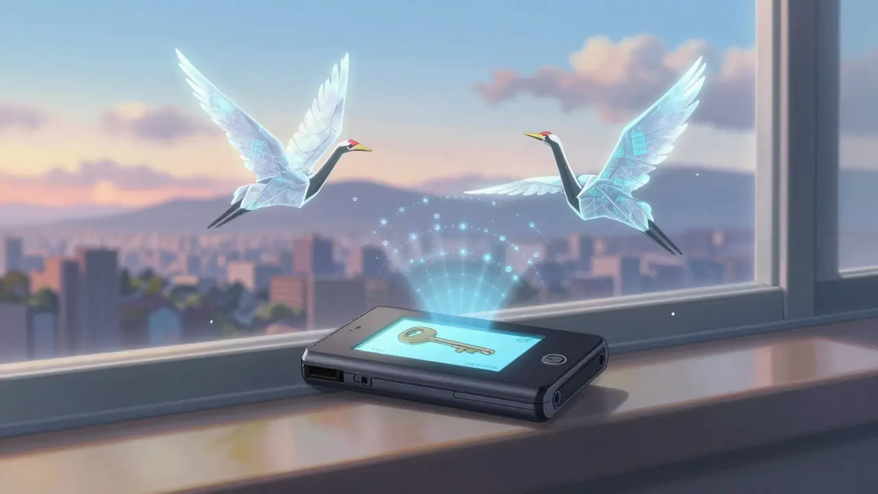 A hardware wallet on a windowsill with origami crane guardians made of blockchain data intercepting scam signals at dawn.