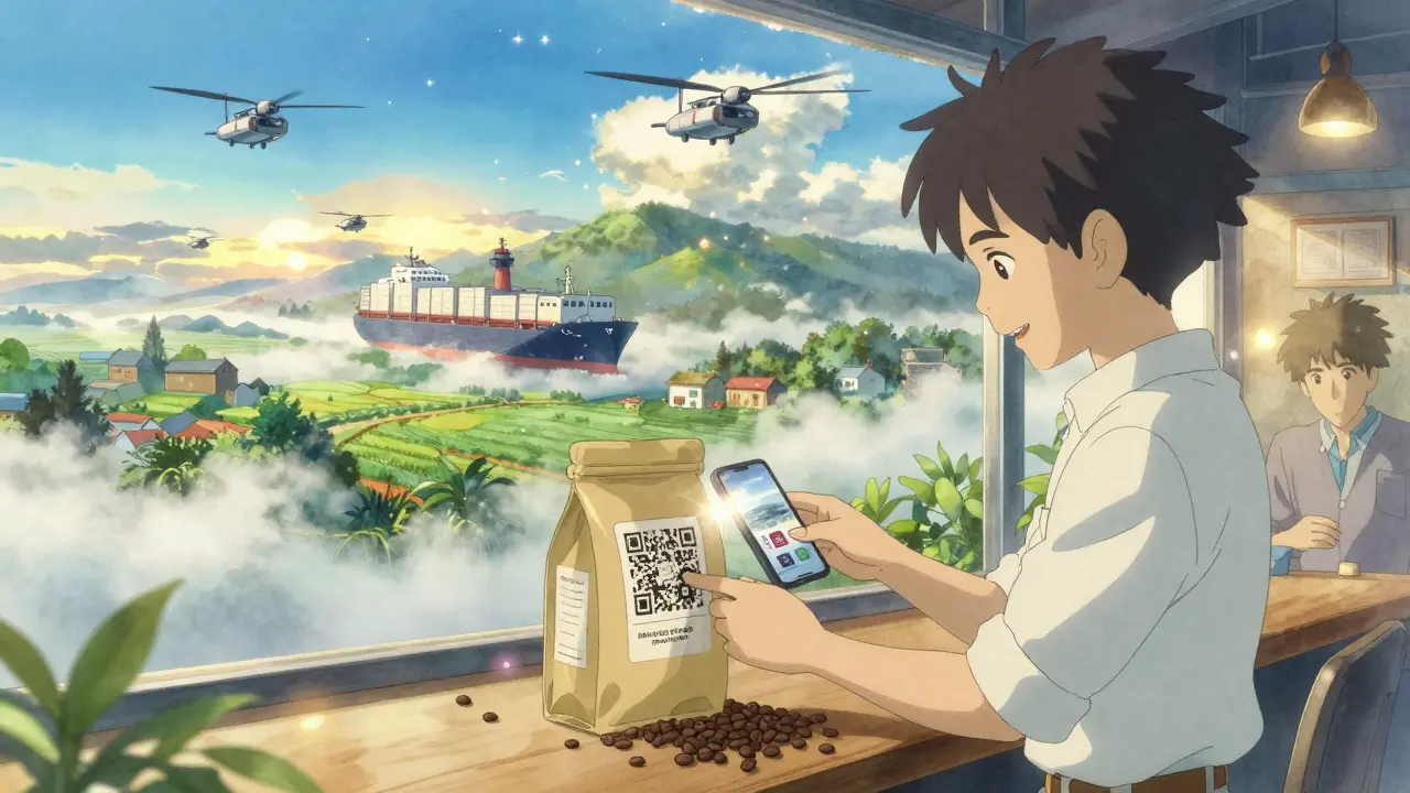 A manager scans a coffee package, revealing a floating journey of farms, ships, and warehouses in ethereal detail.