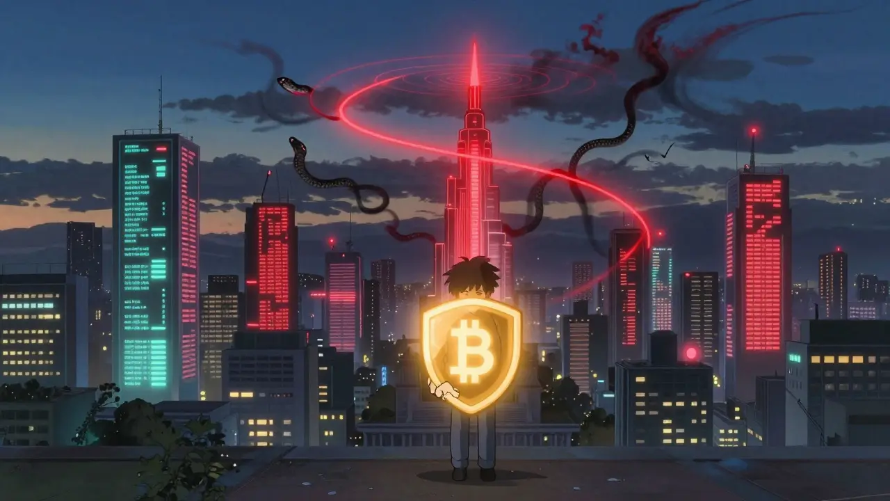 A neon city of crypto exchanges with a red warning ripple spreading across the skyline as shadowy serpents move through transactions.