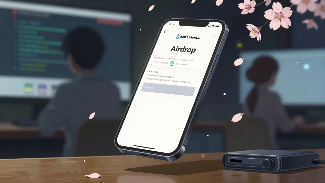 A smartphone showing a cryptic airdrop challenge floats amid falling digital cherry blossoms, with a secure wallet safely below.