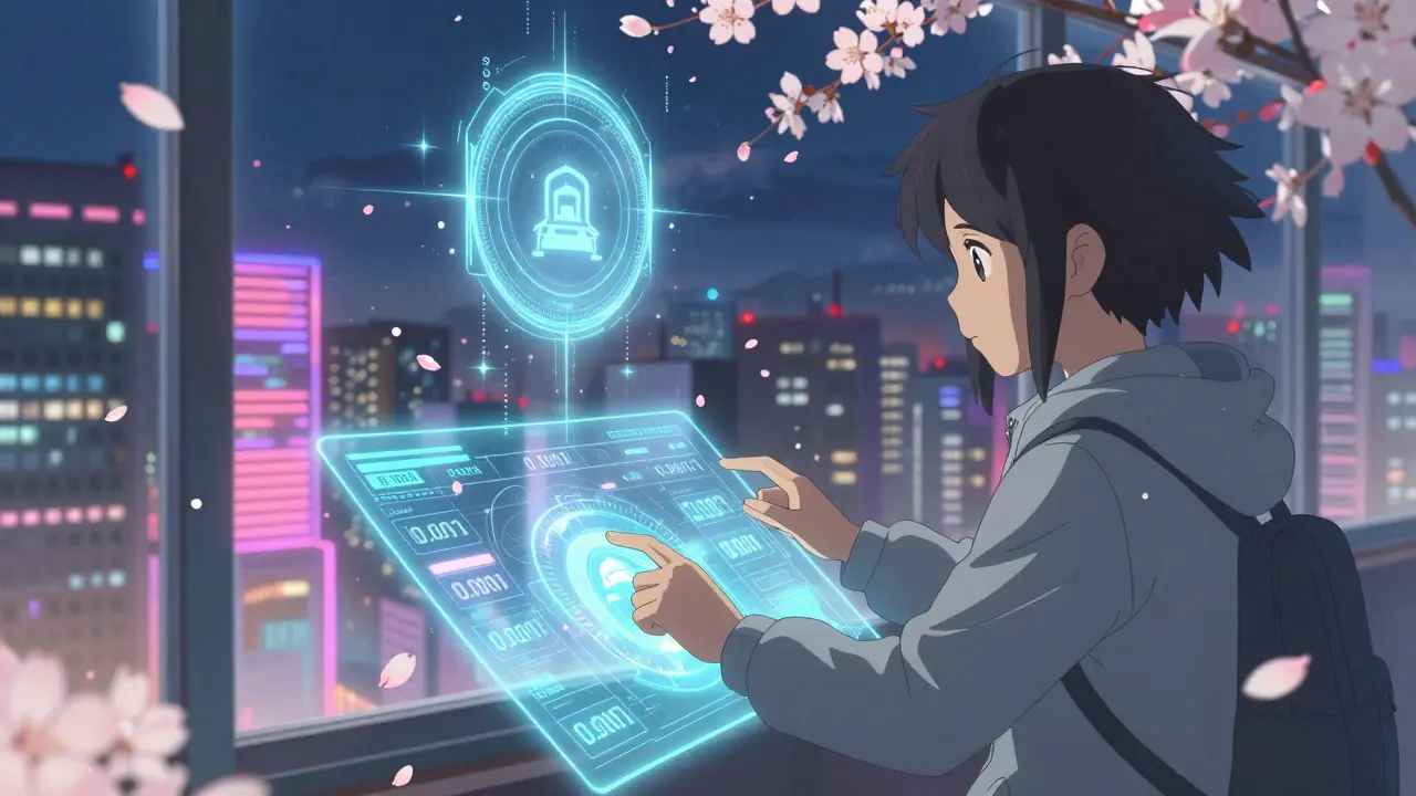 A teenager playing a blockchain game with micro-transactions appearing like cherry blossoms in the air.