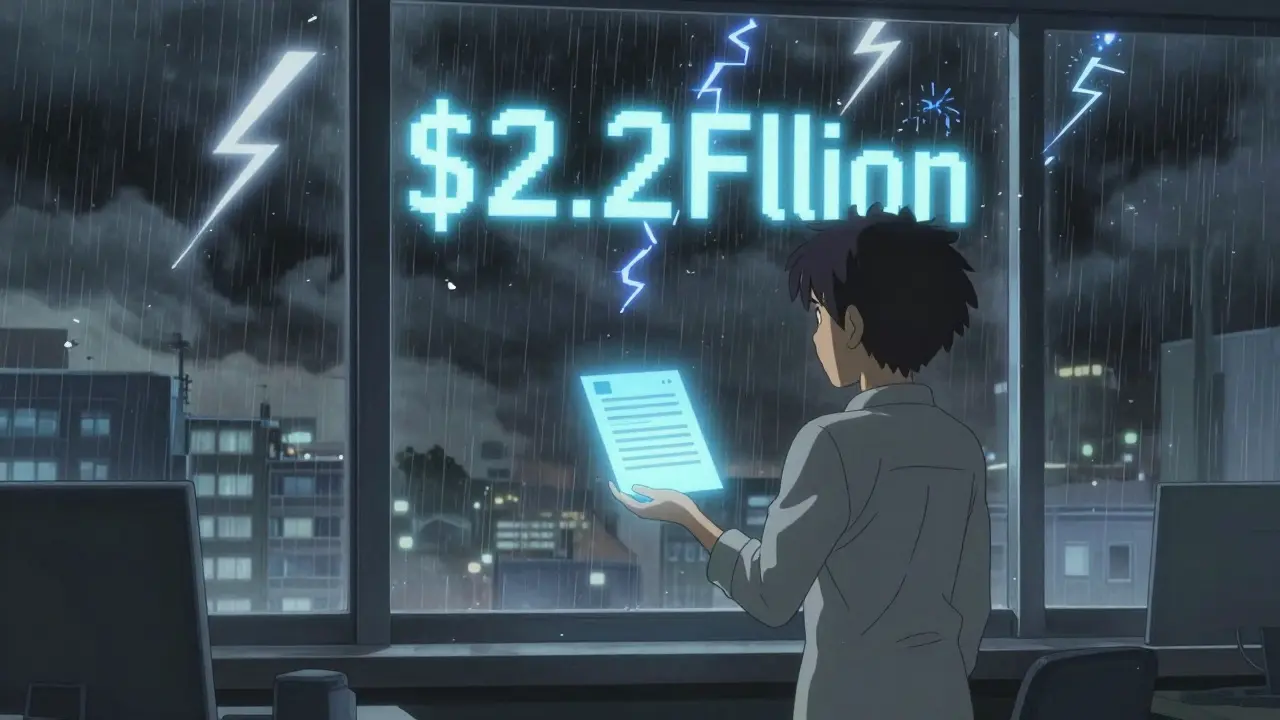 A trader in an office watches digital liquidation storms outside, holding a calm blue staking yield swap contract.