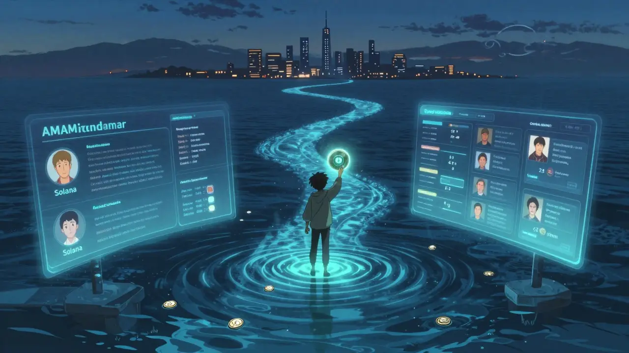 A trader on a floating platform releases RAY coins into a digital ocean where AMM and order book systems merge as rivers of light.