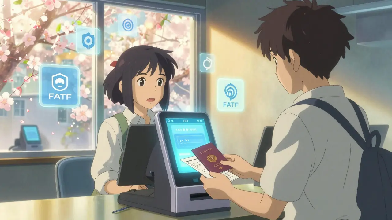 A user submitting ID to a holographic KYC terminal in a sunlit exchange lounge with cherry blossoms outside.