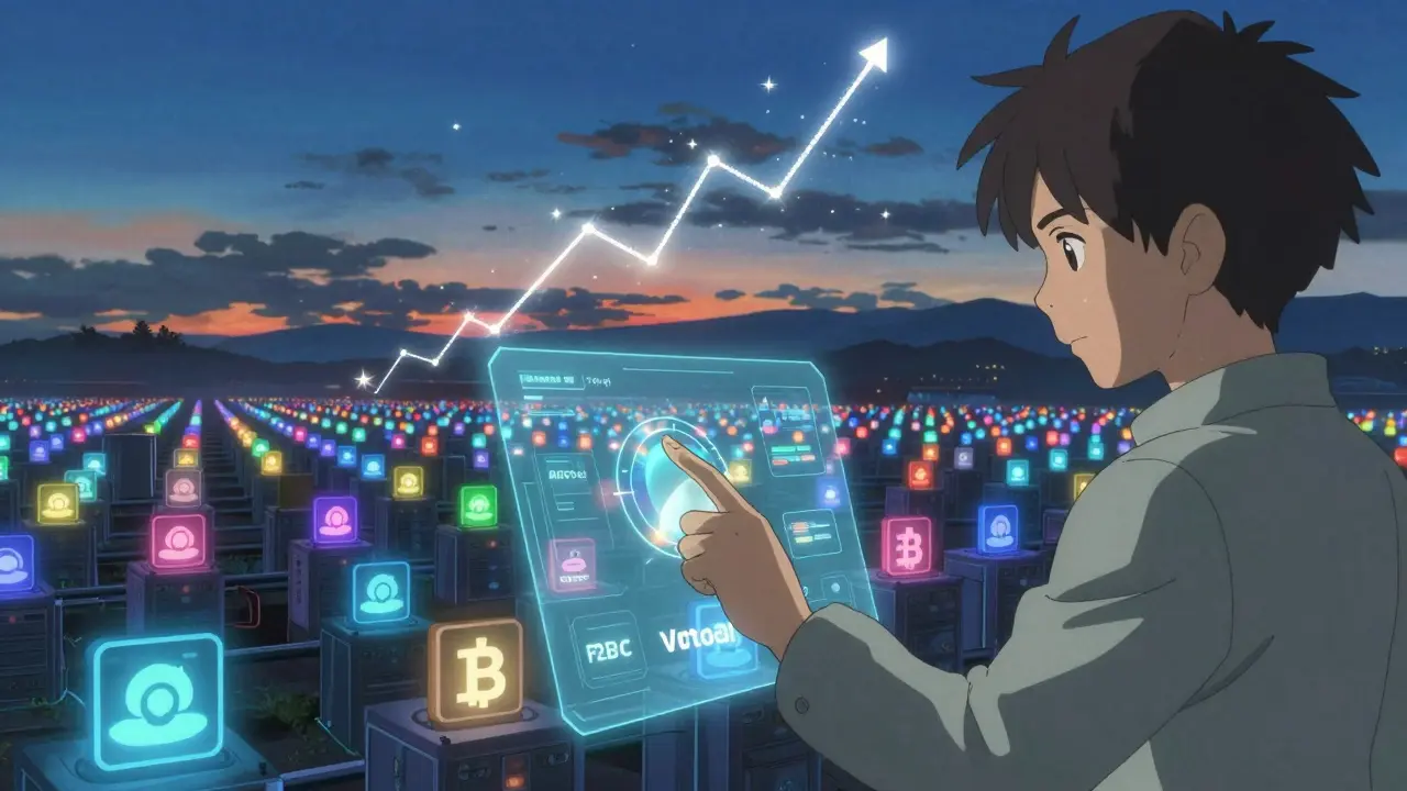 A vast mining farm under twilight with floating pool icons, a hand activating an automated profit-switching interface.