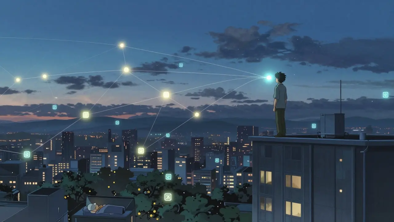 A watcher on a rooftop observing a network of light threads representing state channels under a twilight sky.