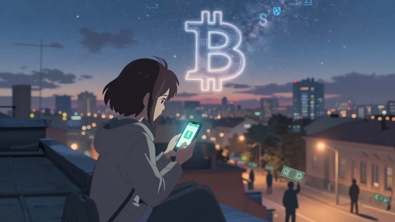 A woman on a Moscow rooftop buying Bitcoin at dusk, city lights and digital symbols fading into the night sky.