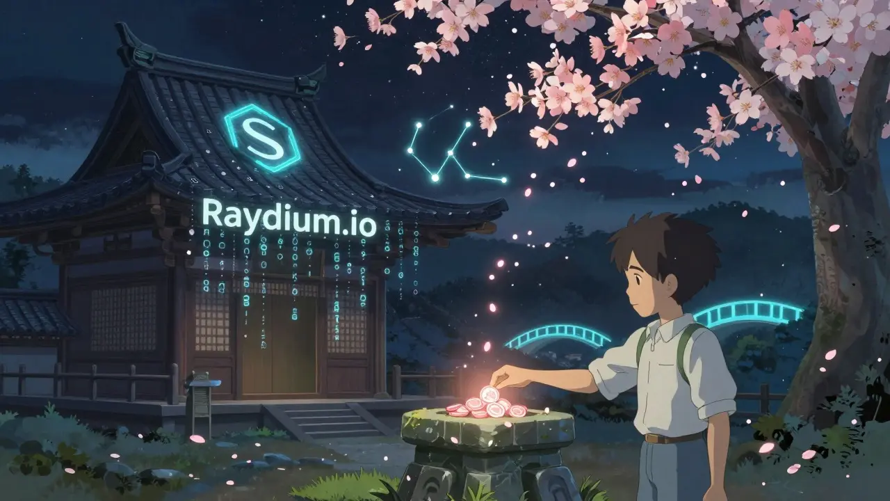 A young user stakes RAY tokens at a code-petal temple under a starry sky, with cherry blossoms drifting upward.