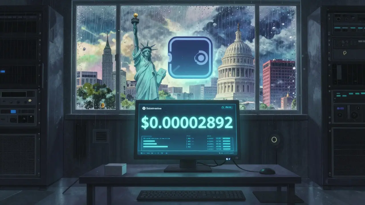 An empty blockchain node glows in a dark room as digital rain erases American landmarks.