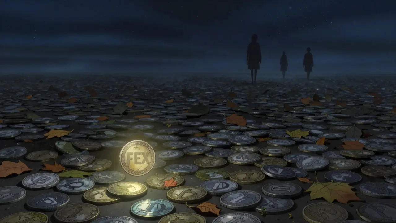 An empty digital marketplace littered with dead token coins under a starry sky, a single dim FEX token hovering alone.