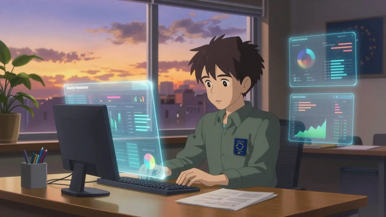 An EU crypto director in a sunlit office surrounded by holographic compliance data, symbolizing transparency and regulatory responsibility.