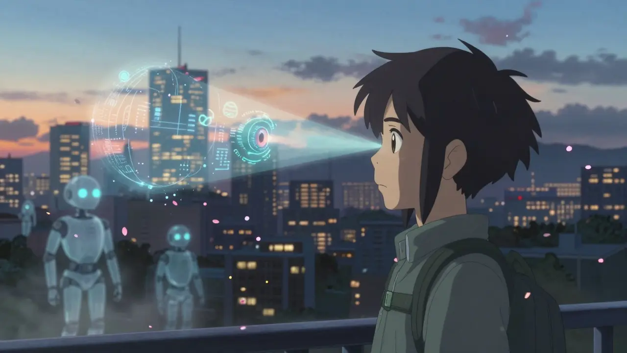 An iris-scanning Orb illuminates a person’s eye with biometric light particles at dusk in a quiet city.