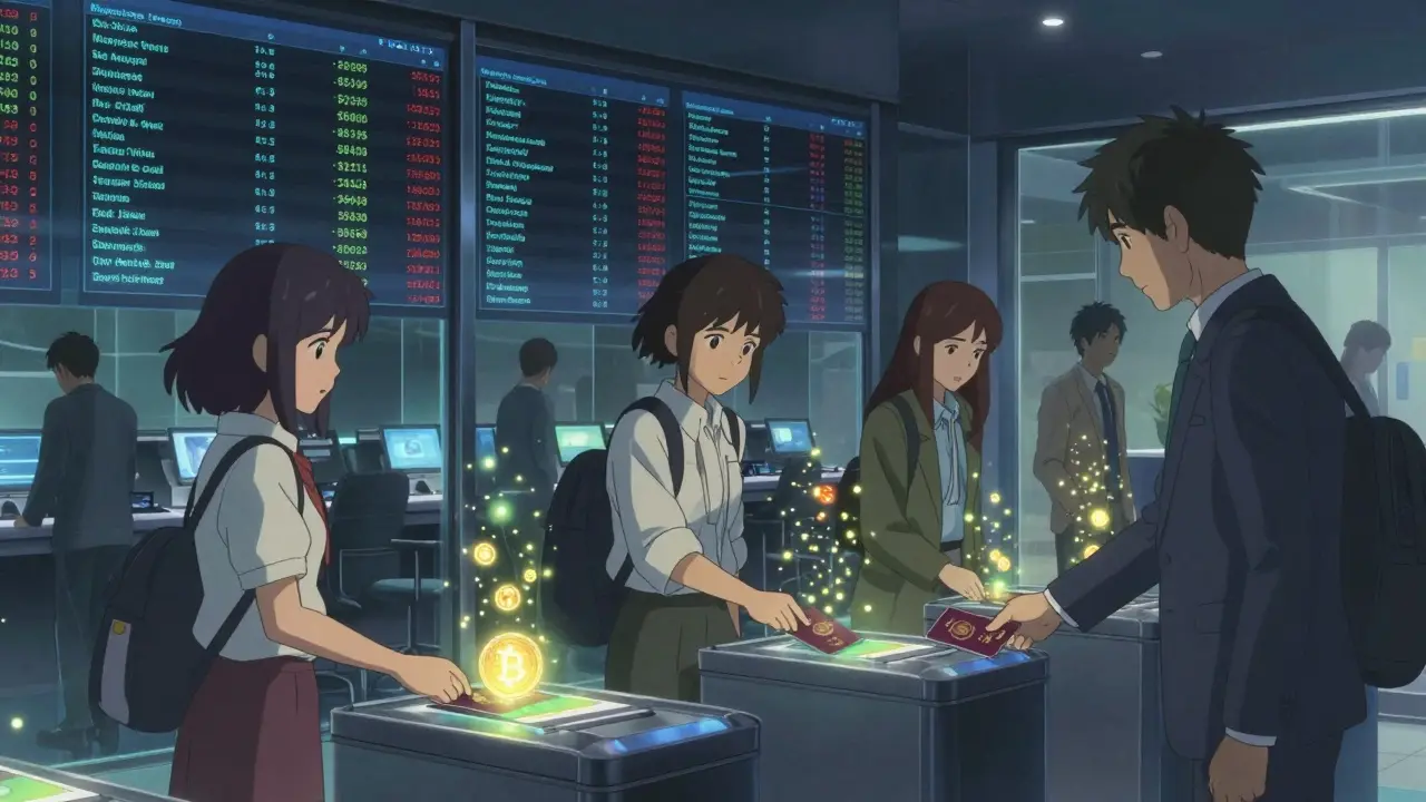 Diverse users placing passports on scanners as encrypted tokens rise like fireflies in a modern crypto lobby.
