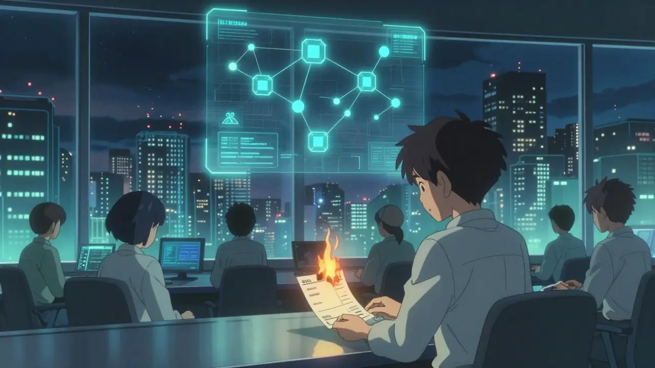 Engineers observe holographic blockchain nodes in a quiet, glowing control room at night.
