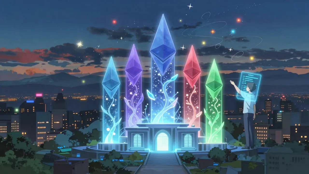 Ethereum's four Merkle Tries rising as crystalline vines in a neon city at dusk.