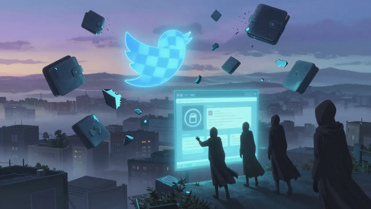 Floating blockchain fragments and faceless figures near a scam portal, twilight sky above.