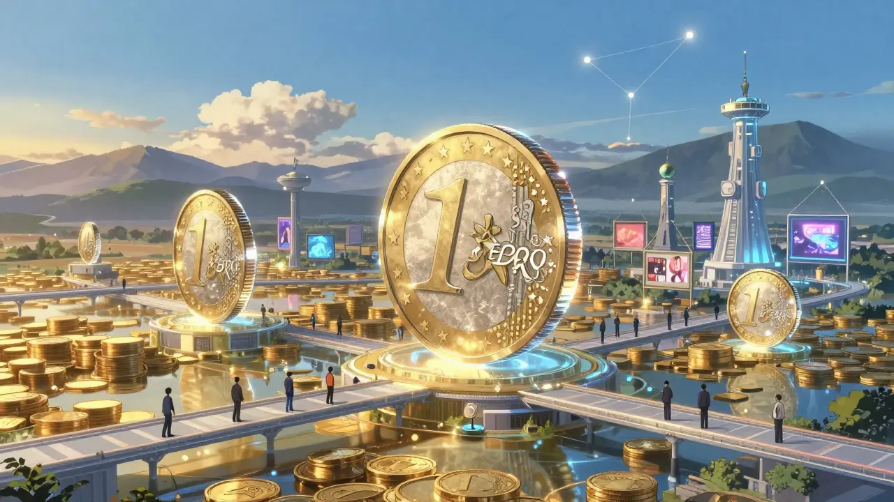 Giant stablecoin tokens floating above liquid gold reserves, with traders and regulators on light bridges under a watchful celestial eye.