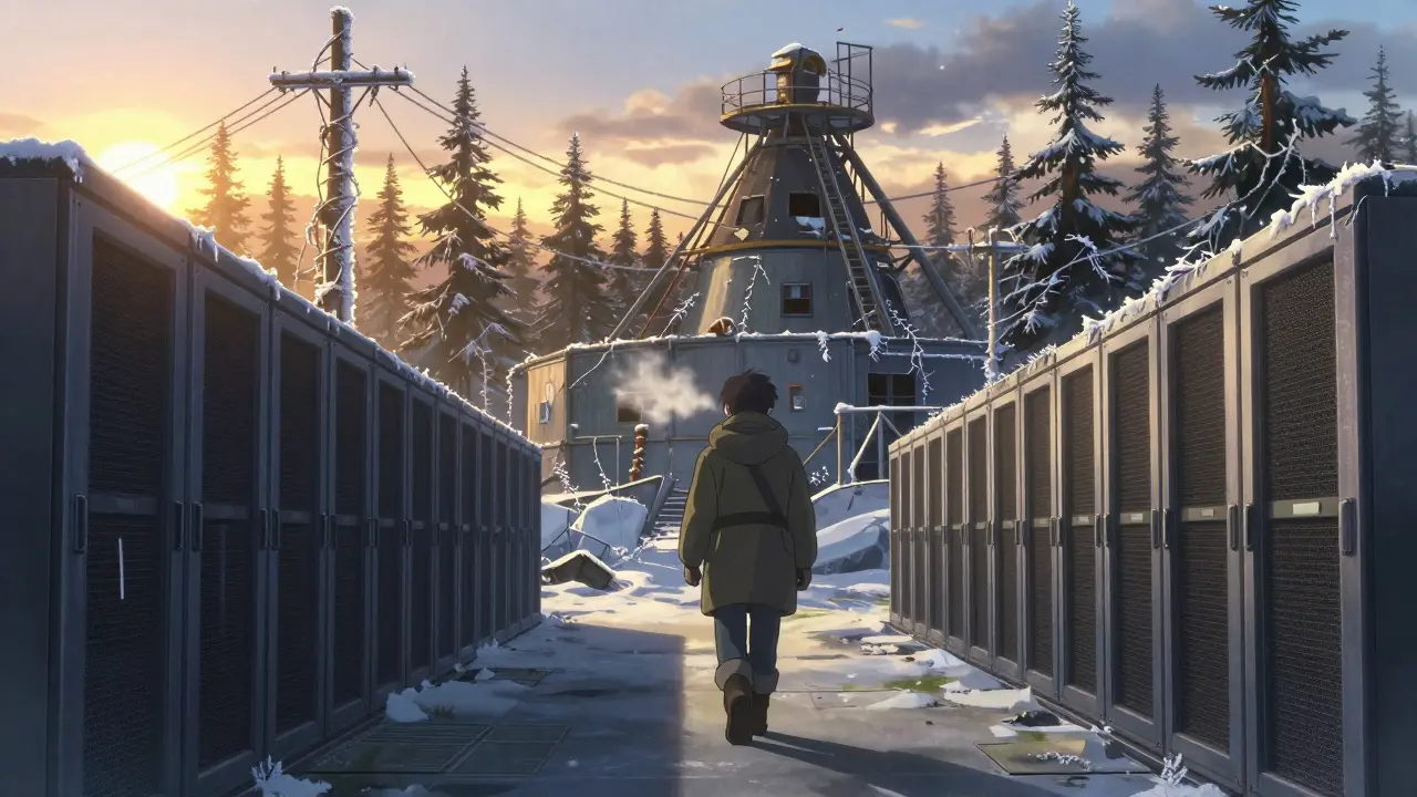 Lone miner walking away from shuttered mining facility at dawn, frost-covered power lines behind.