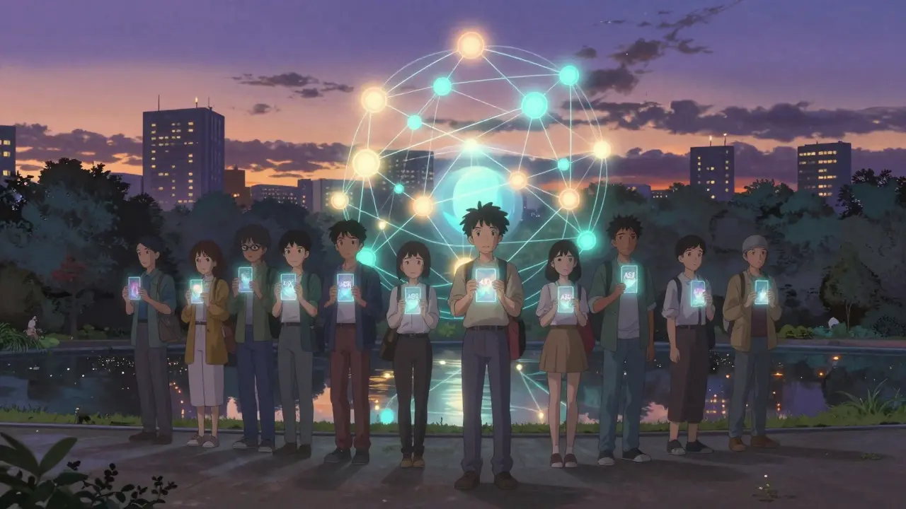 People in a park hold glowing ASK cards as a network of light pulses behind them.