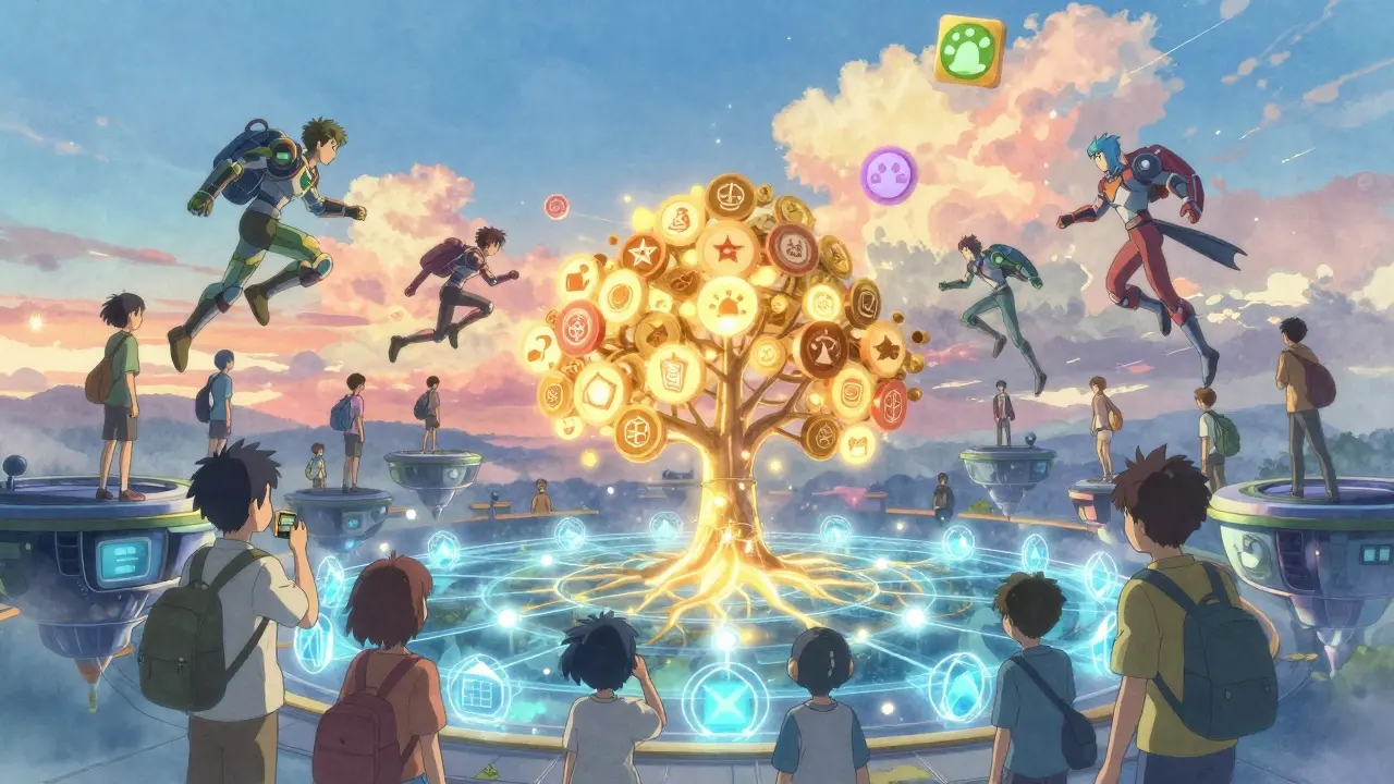 Players stand on floating platforms in a futuristic game arena, connected by a glowing blockchain network below.