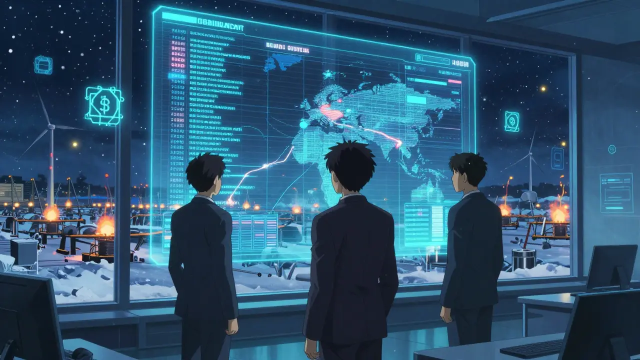 Russian executives in a neon-lit office watching holographic crypto transactions flow across global trade routes.