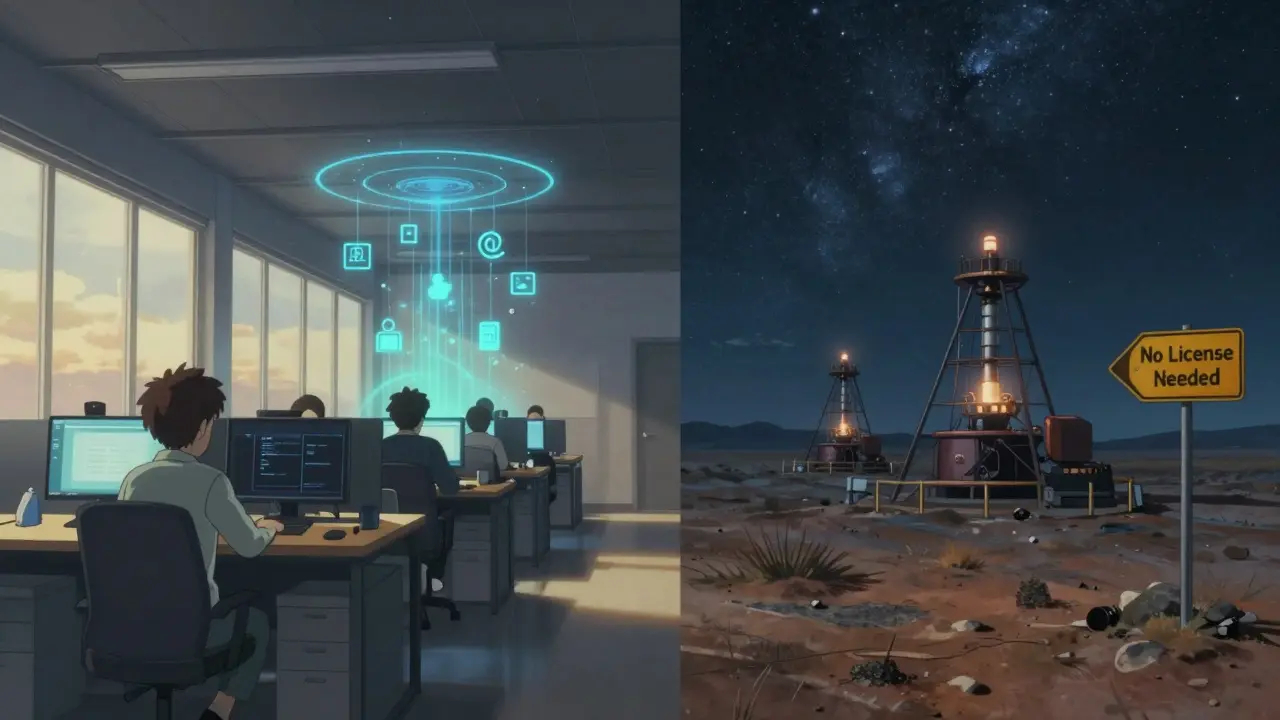 Split scene: California startup registering crypto assets and Texas mining rigs under the stars with a no-license sign.