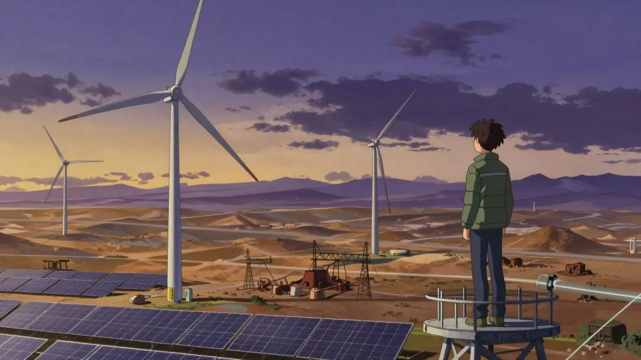 Wind turbines and solar farms under a colorful twilight sky with a new transmission tower in the foreground.