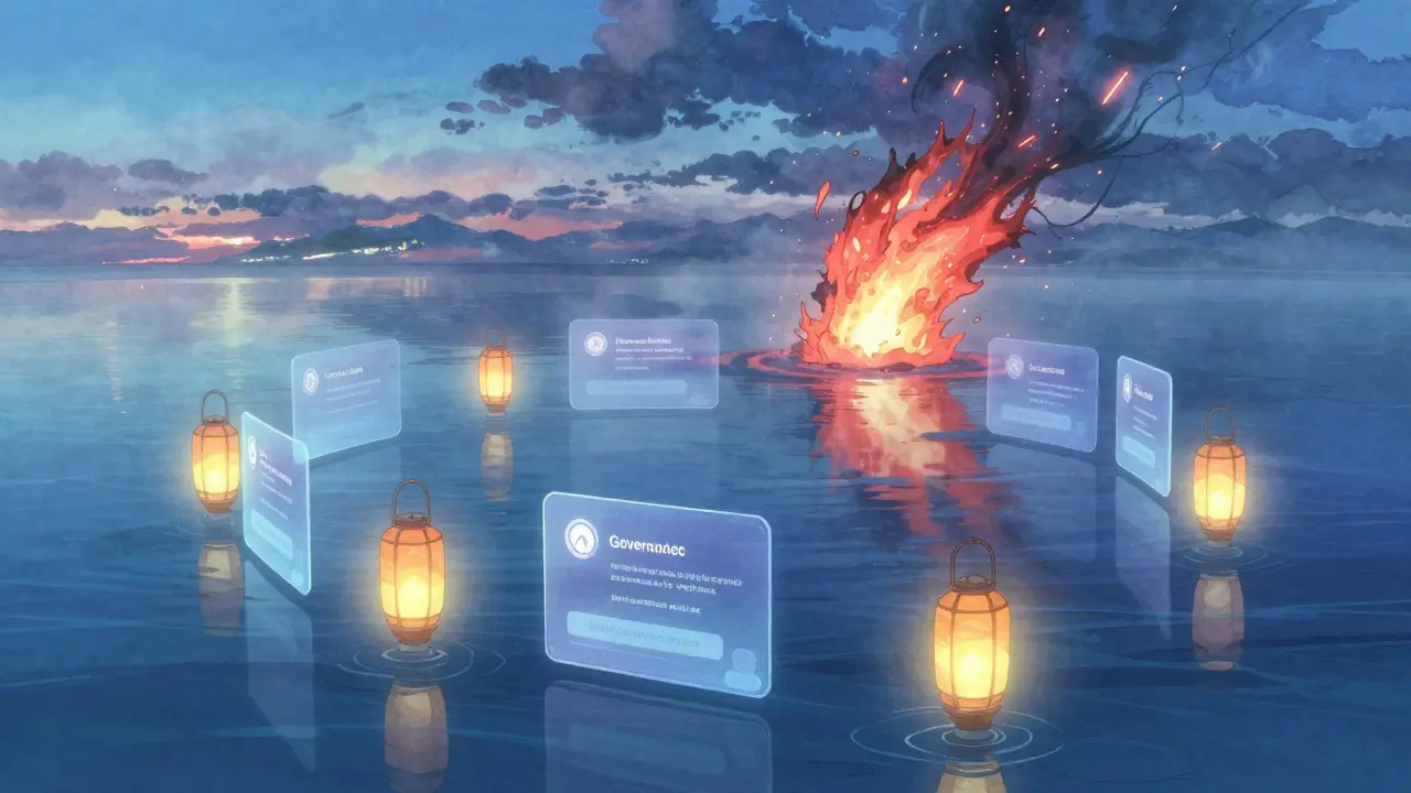 A calm DeFi interface with protective oracles and barriers against a distant flash loan vortex, in soft twilight tones.