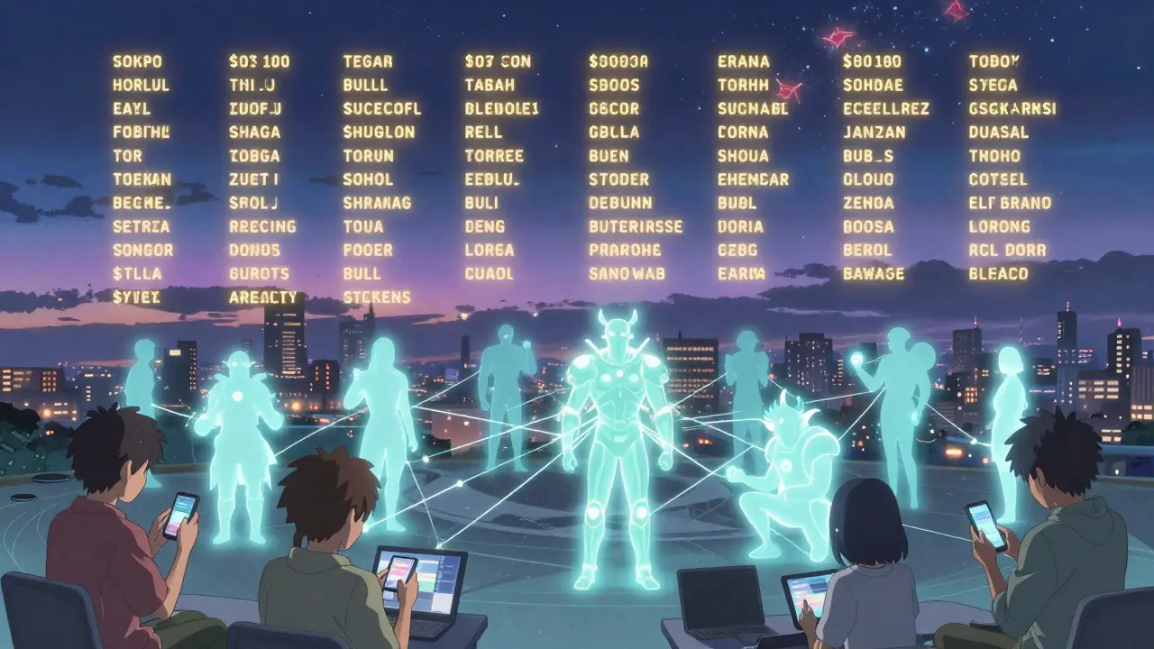 A celestial leaderboard glows above a neon city as players worldwide connect through blockchain rewards.