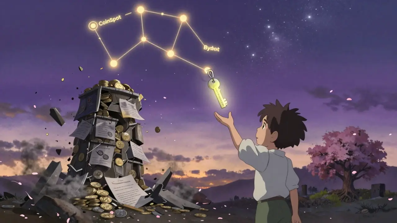 A child reaches for a key labeled 'Proof-of-Reserves' as a tower of fake crypto promises crumbles behind them.